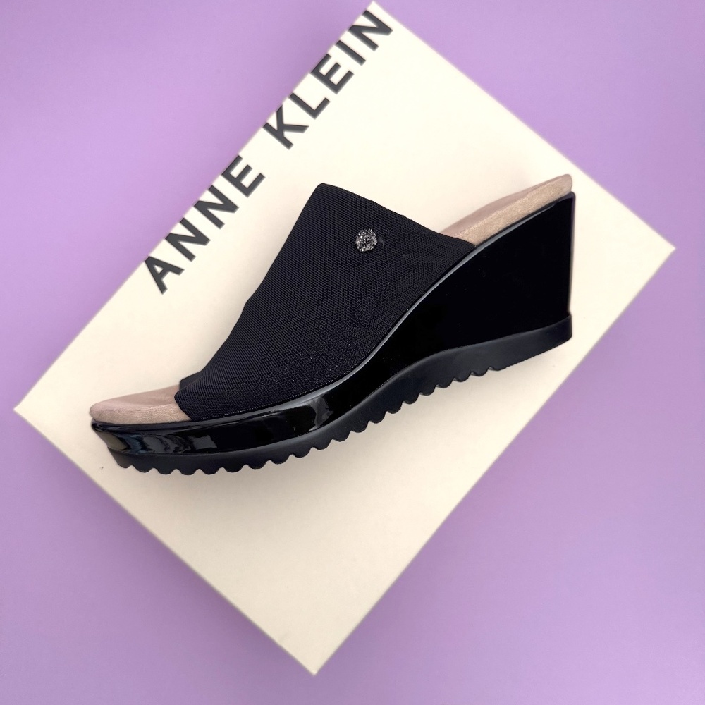 Anne Klein RELLIN Wedge Sandals Mesh Black Size 7.5M